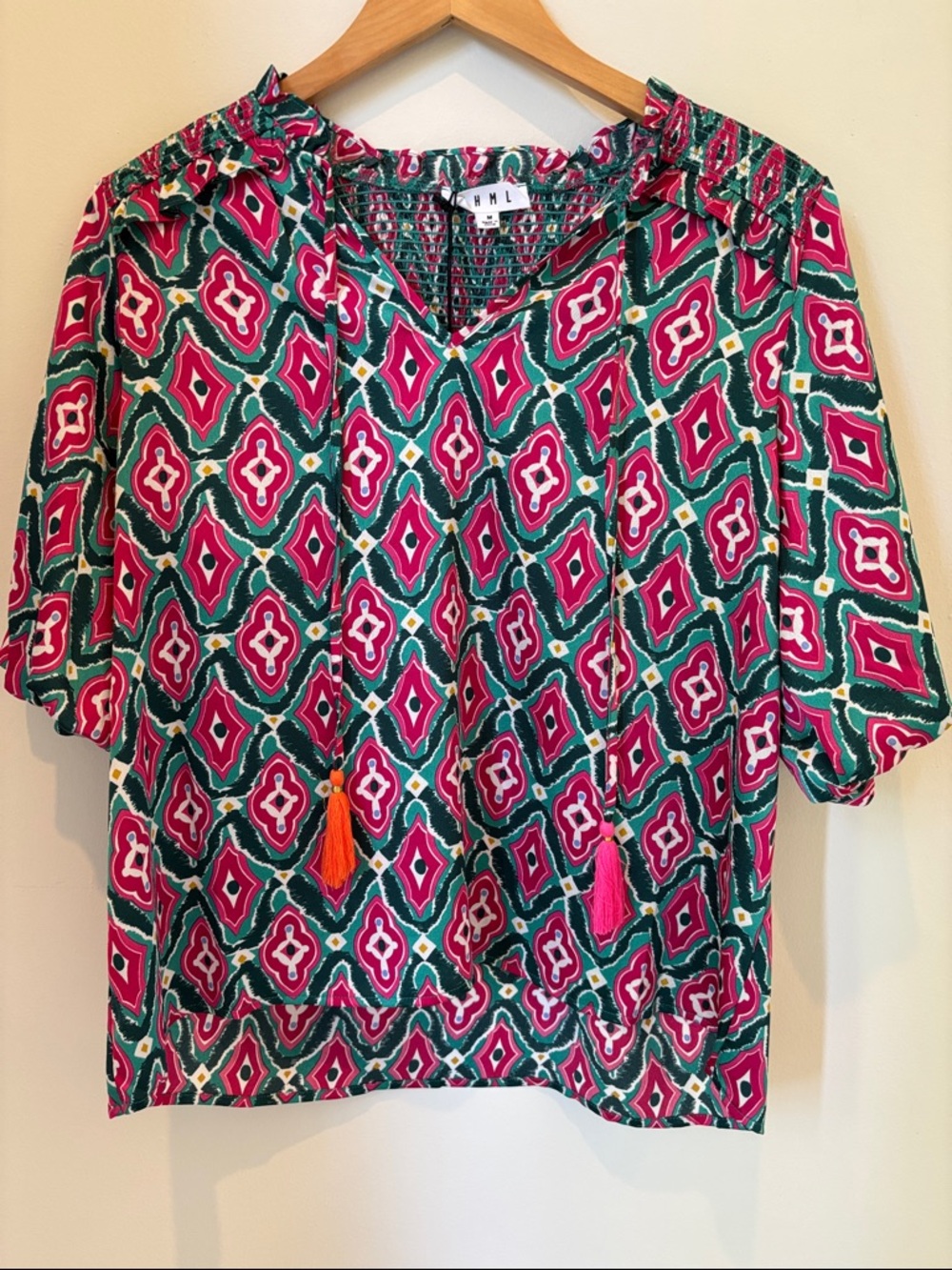 THML Teal and Hot Pink Printed Ruffle-Neck Puff Sleeve Blouse - Picture 7 of 16